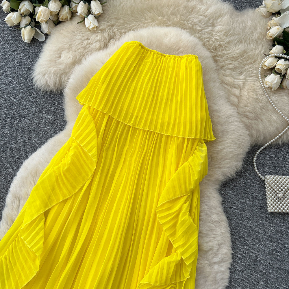 Vacation-ready yellow tube top sexy dress for women, featuring a ruffled halter neck design, a unique and stylish french-inspired long dress perfect for summer