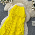 Vacation-ready yellow tube top sexy dress for women, featuring a ruffled halter neck design, a unique and stylish french-inspired long dress perfect for summer