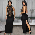 C7488 cross-border   fashion women's sexy halter lace sleeveless slit dress
