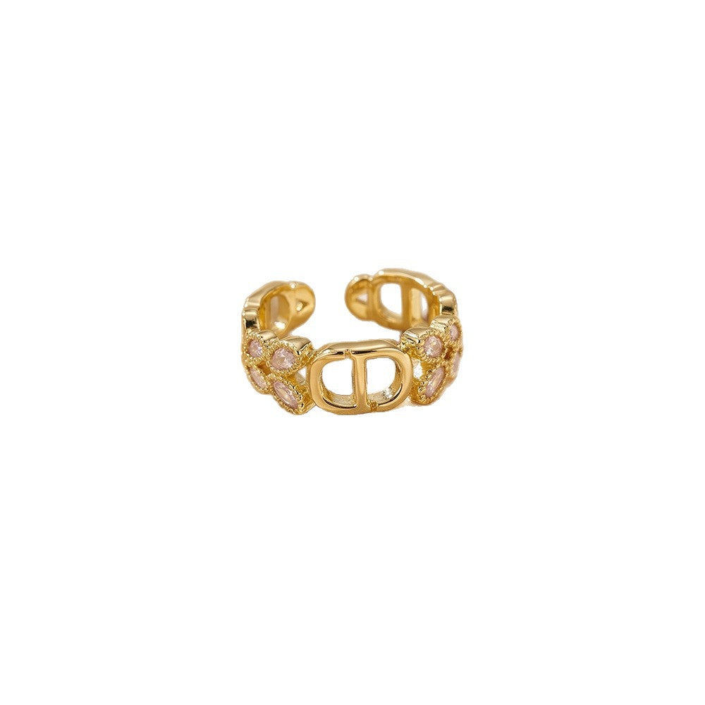 Popular copper inlaid zirconium letter ring for women, niche accessible luxury, versatile, open, adjustable, non-fading jewelry