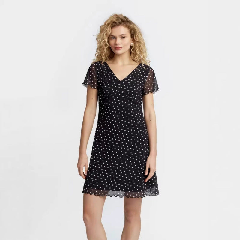 Amazon eleganceelegantcasualv neck polka dot dress women's summernew arrivalslimming looka line skirt