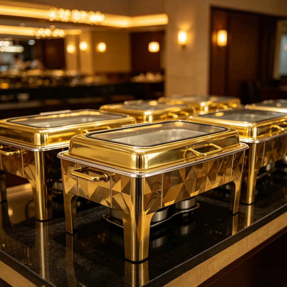 New 9l stainless steel gold glass buffet warmer with hydraulic lid for restaurant use