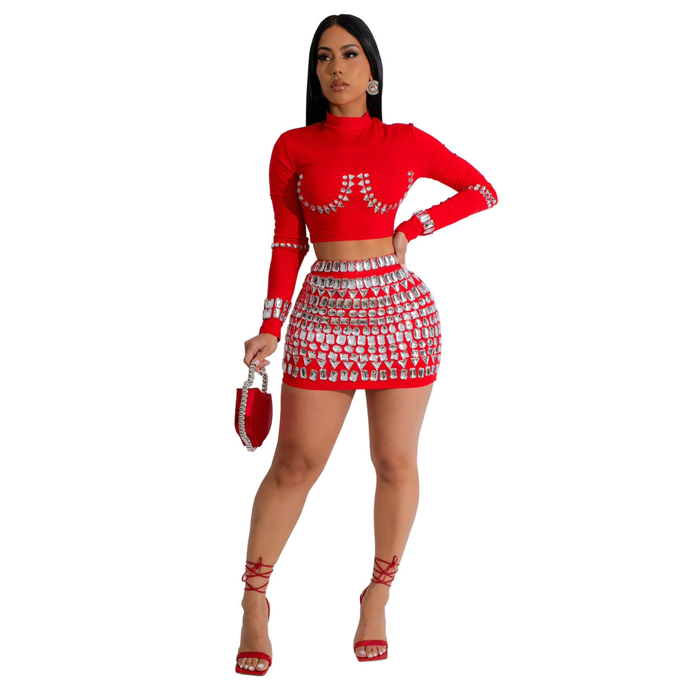 C7128 cross-border   fashion women's long-sleeve sexy bodycon mini skirt rhinestone two-piece set