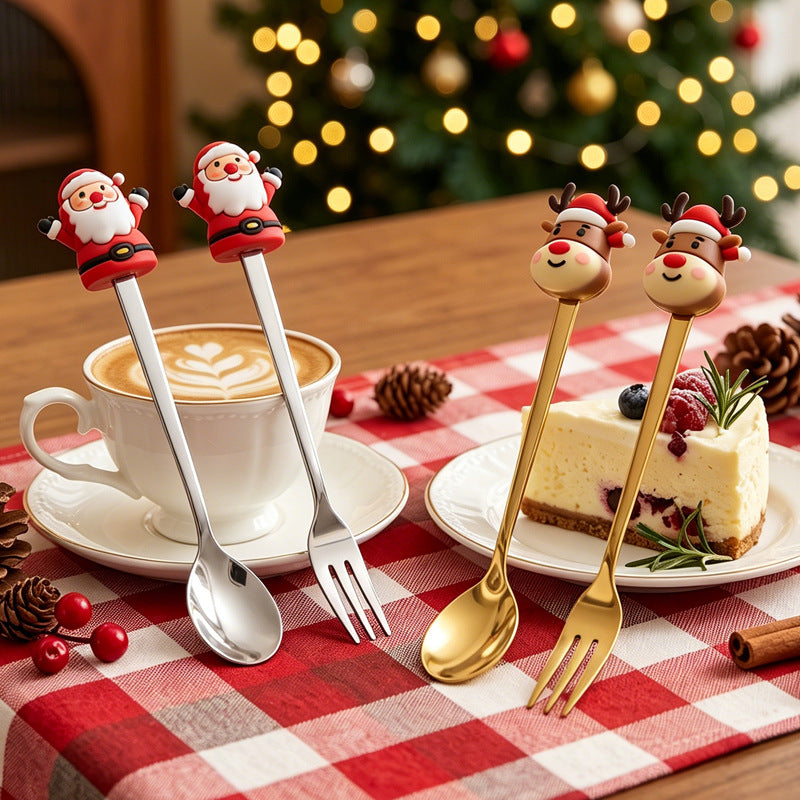 christmas cartoon cutlery gift box stainless steel silicone head spoon fork coffee spoon fruit fork cross-border set wholesale