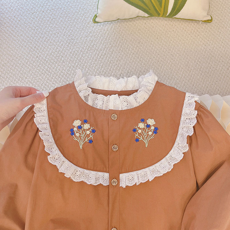 Girl pure cotton doll shirt girl fashion new arrival shirt  baby long sleeves bottomembroider round neck trendy