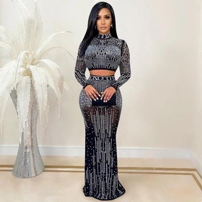 Cross-border  women's hot diamond dress set, semi-turtleneck sexy open-button top, hip-wrapped skirt set.
