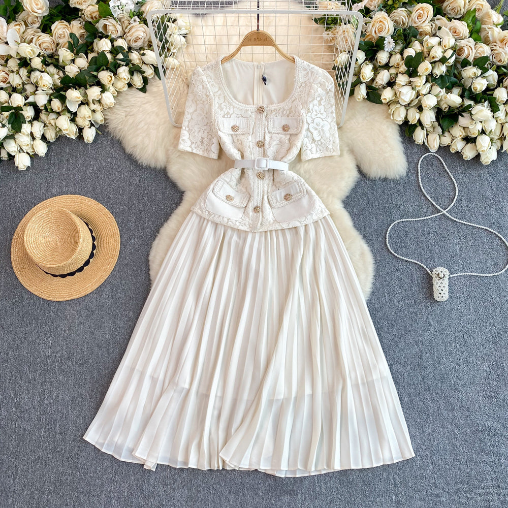 French chic dress - women's high-end, exquisite, and elegant square neck lace-trimmed pleated maxi dress - socialite evening gown