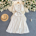 French chic dress - women's high-end, exquisite, and elegant square neck lace-trimmed pleated maxi dress - socialite evening gown