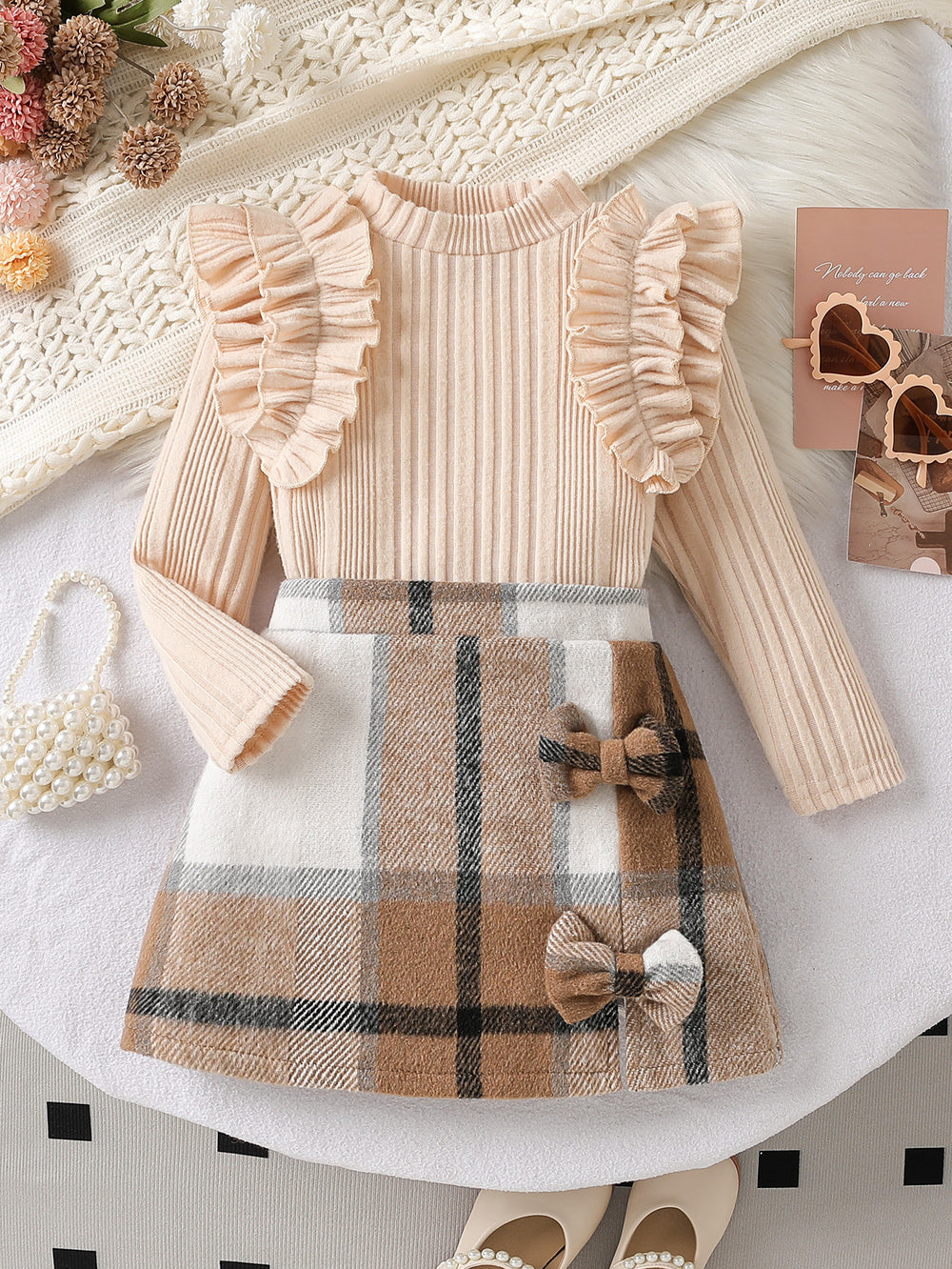 autumn new arrival: round neck ruffle trim princess sleeve top + plaid skirt two-piece set