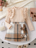 autumn new arrival: round neck ruffle trim princess sleeve top + plaid skirt two-piece set