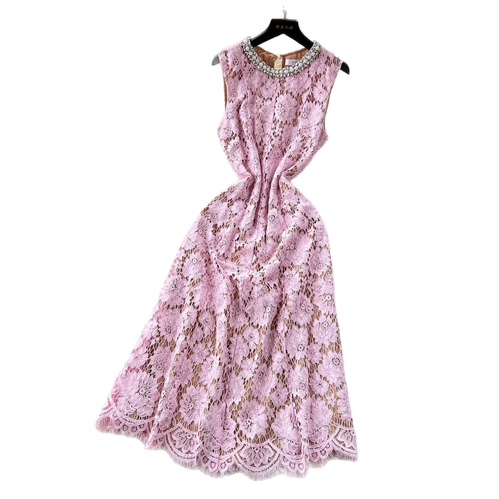 Elegant women's dress  summer french chic luxury handcrafted rhinestone embellished round neck sleeveless cinched waist lace maxi dress