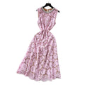 Elegant women's dress  summer french chic luxury handcrafted rhinestone embellished round neck sleeveless cinched waist lace maxi dress
