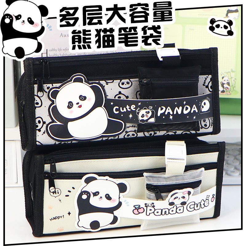 Cross-border panda pencil bag large capacity ins high value cute pencil case multi-layer stationery box primary school students stationery bag