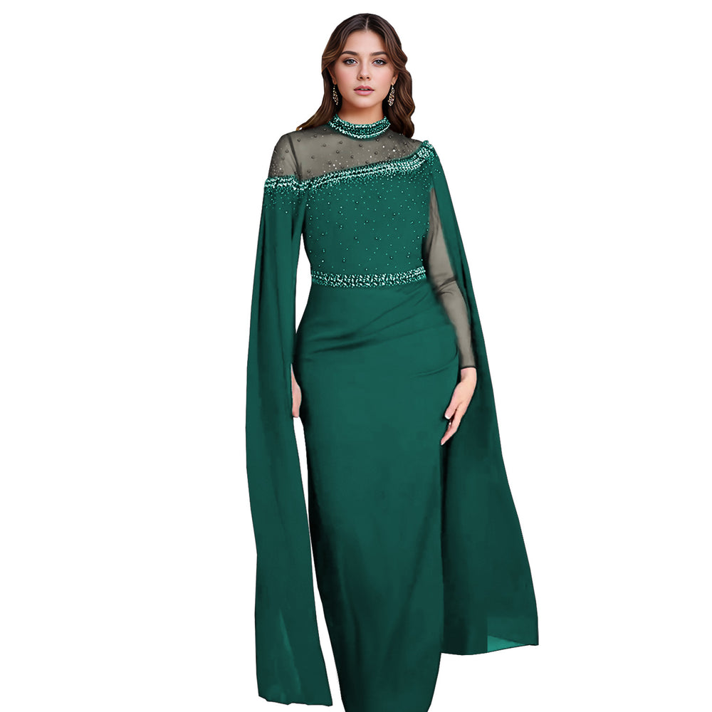 C7280 cross-border fashion evening gown dress: european & american style, chiffon & mesh paneling, heavily embellished with hotfix rhinestones & beaded appliqués, featuring trendy cape sleeves