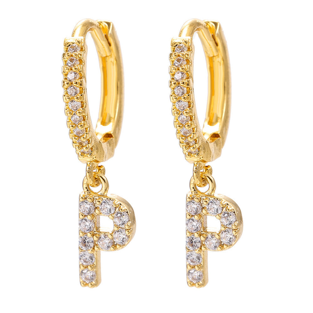 European and american gold-plated micro-paved zircon 26-letter initial pendant earrings - fashionable, unique, high-end, and chic hoop earrings with tassel detail