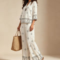 Vacation style plus sizenational style suitretro geometric printingv neck mid-sleeve topsloosestraight-leg pants fat mm