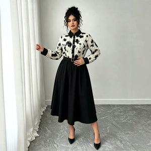 cross-border european and american style plus size dress - elegant ink wash floral long sleeve top with spliced wide hem and cinched waist