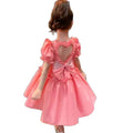 Girls'  tiktok new summer fashionable solid color princess dress with puff sleeves, hollow-out heart design, and bow detail