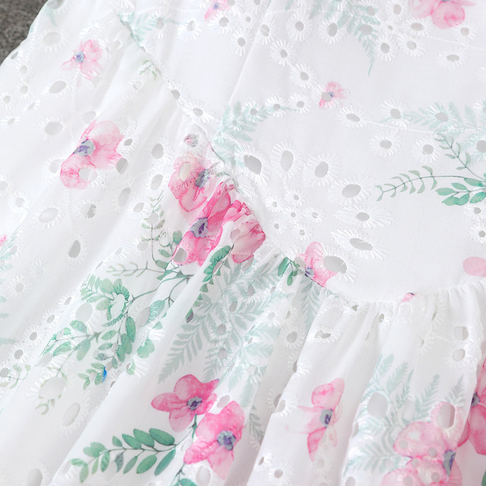 Women's european and american style white floral hollow-out embroidered midi dress, sleeveless square neck with tie-front detail
