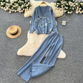 Trendy and chic heavy beaded 3d floral long sleeve knit top and high-waisted casual sweater pants two-piece set for women