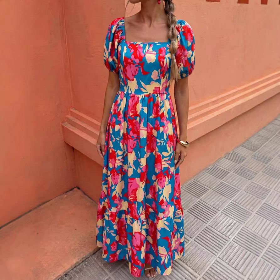 new european and american print ruffle trim square neck puff sleeve dress