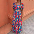 new european and american print ruffle trim square neck puff sleeve dress