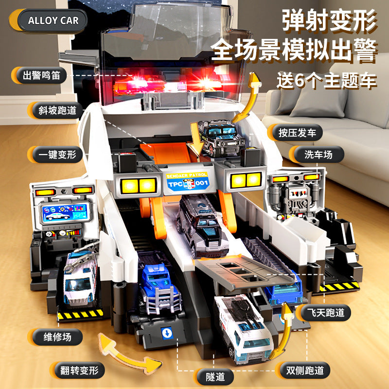 New children's storage scene fire police car deformation ejection track parking lot sound and light puzzle model toy car