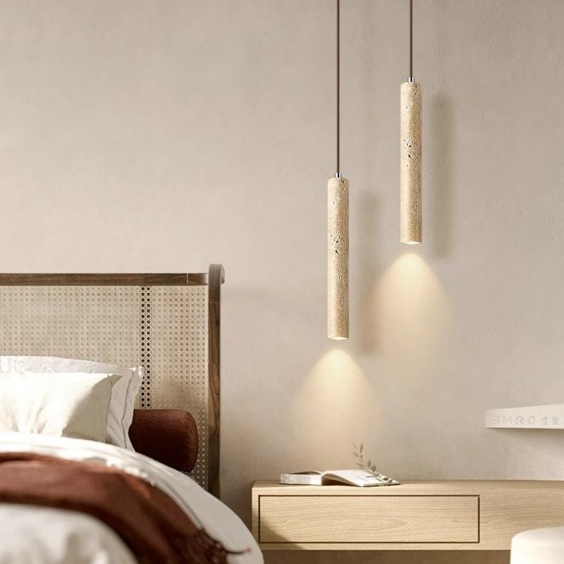 Yellow travertine bedroom bedside chandelier Japanese wabi-sabi retro walnut living room background wall bar hanging line lamp
