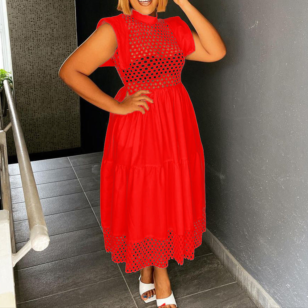 D3056m summer flying sleeves cut outpatchworkelegantwork clothingloosea-line skirtplus size cross-border dress