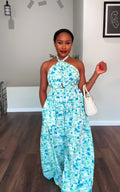 European and american cross-border women's winter  new sleeveless halter neck tie-up printed backless cinched waist wide leg jumpsuit