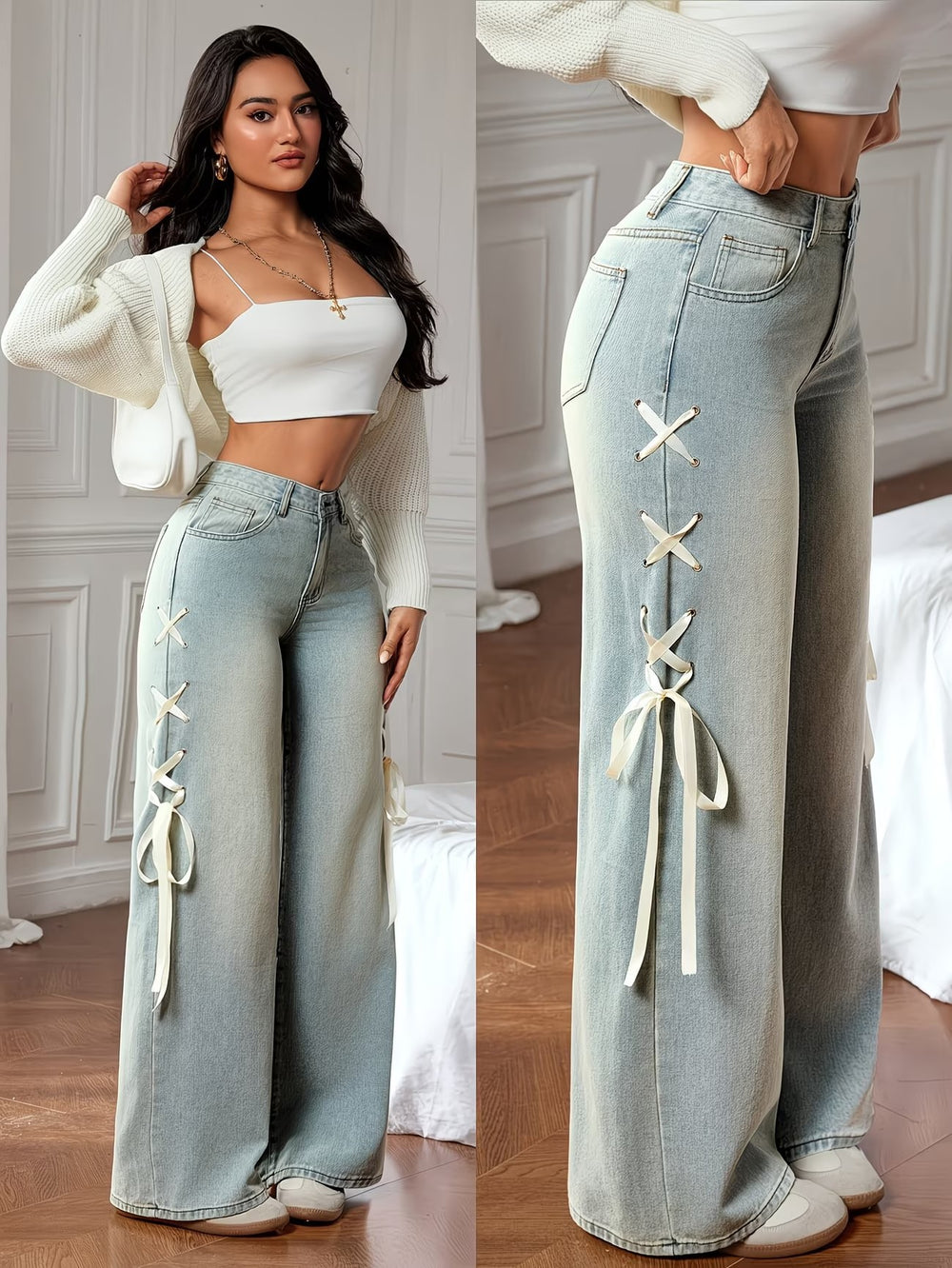 Fashionjeans women's side straps washed high waist wide leg jeans drapedlooseslimming lookmoppants