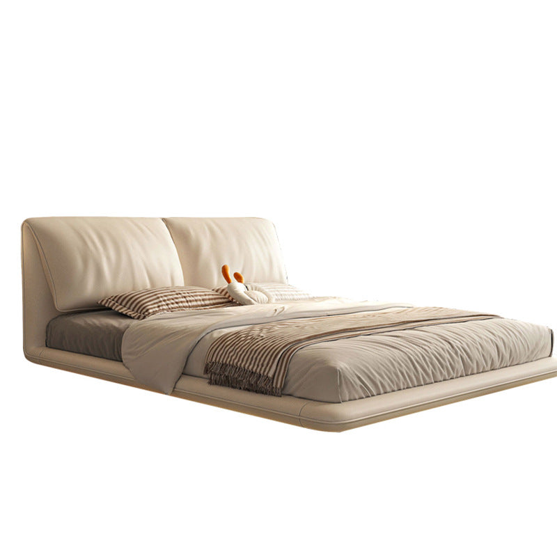 Italian minimalist floating bed - modern cream style with elephant ear design, suspended nappa leather double bed for master bedroom