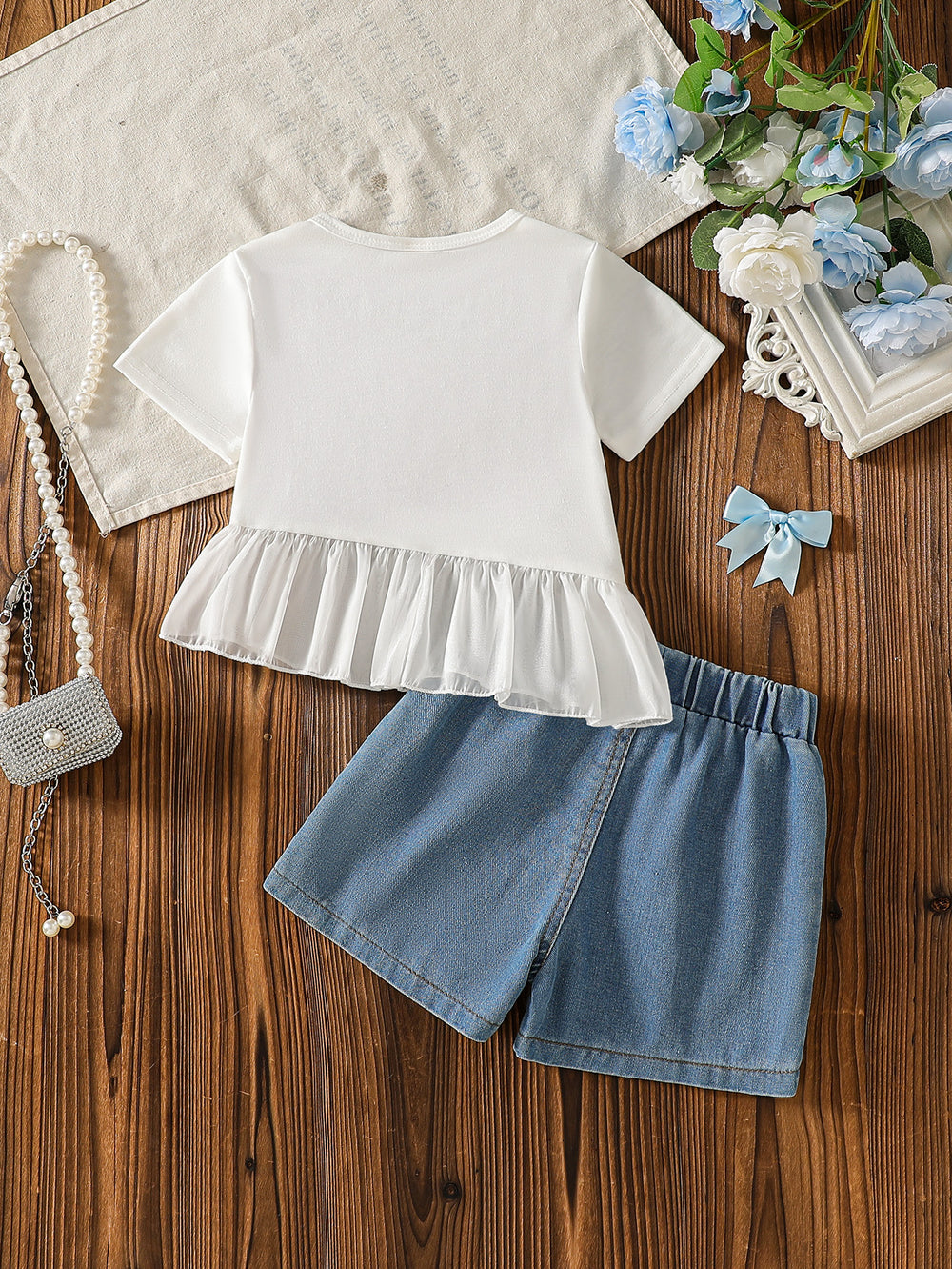 new cross-border girls' round neck floral knit top + beaded denim shorts two-piece set