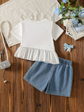 new cross-border girls' round neck floral knit top + beaded denim shorts two-piece set