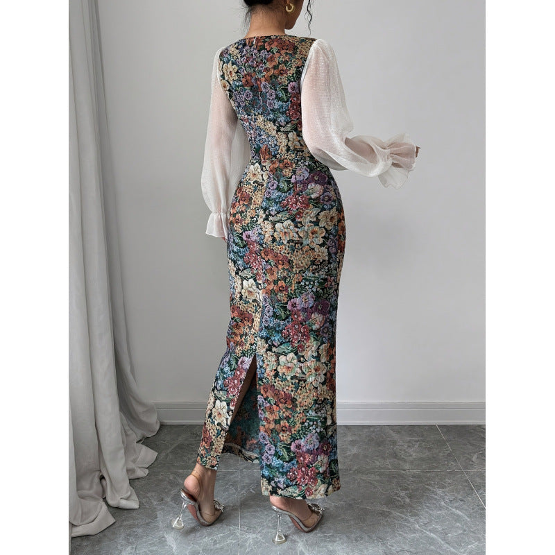 Aliexpress 1688 independent station women's oil canvas patchwork chiffon square neck elegancedress