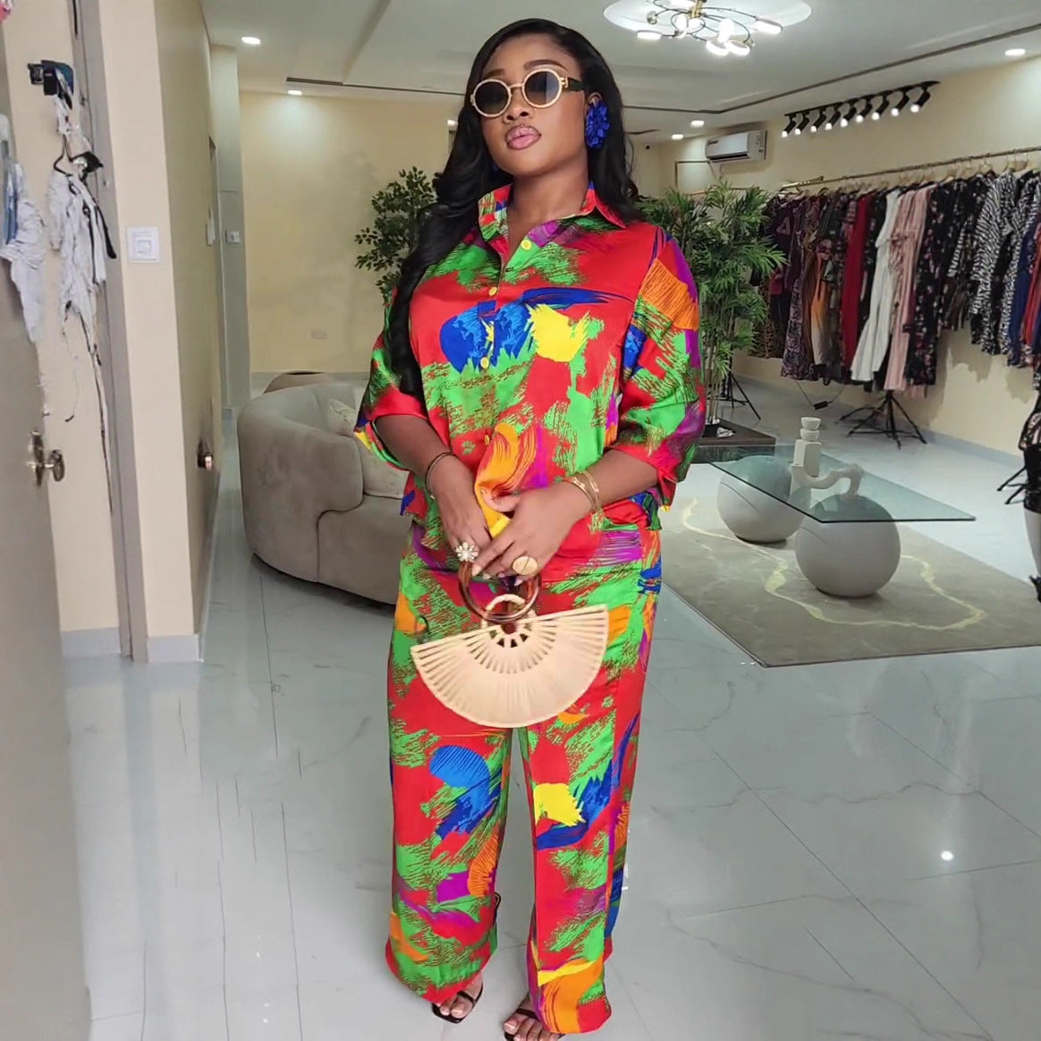 European and American new casual women's clothing set lapel mid-sleeved cardigan shirt trousers African large-size printed two-piece set women