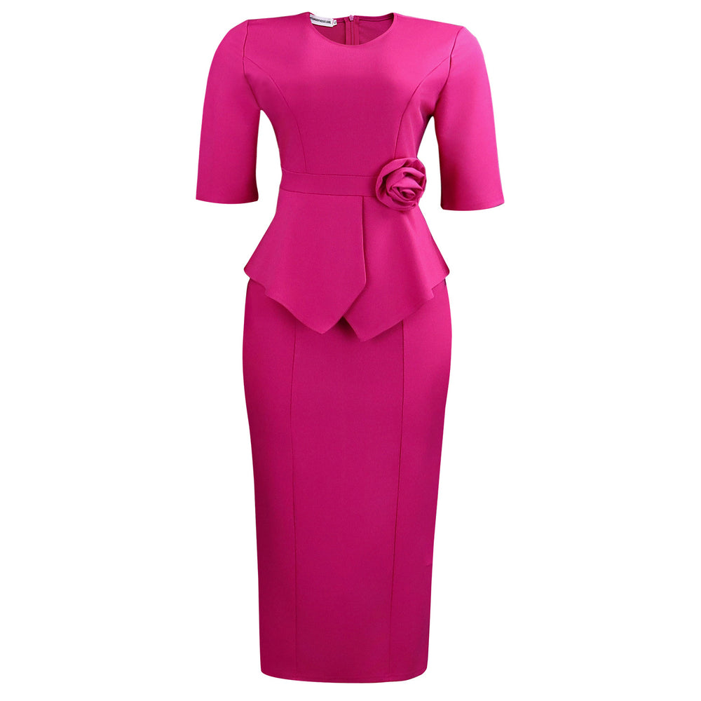 D626  women's summer fashion elegant solid color bodycon ruffle trim 3d floral foreign trade dress