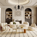 Three-seater sofa + single-seater sofa + mid-century style armchair + mid-century style coffee table, includes throw pillows