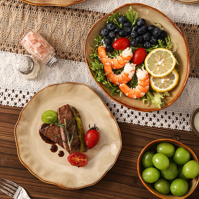 Restaurant stylish ceramic rice bowl, noodle bowl, soup bowl, retrofor home vegetable bowl, large bowl, salad plate, creative kiln-turned tableware