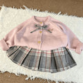 Girls' outfit:  new korean style pink knit cardigan sweater and plaid pleated skirt two-piece set