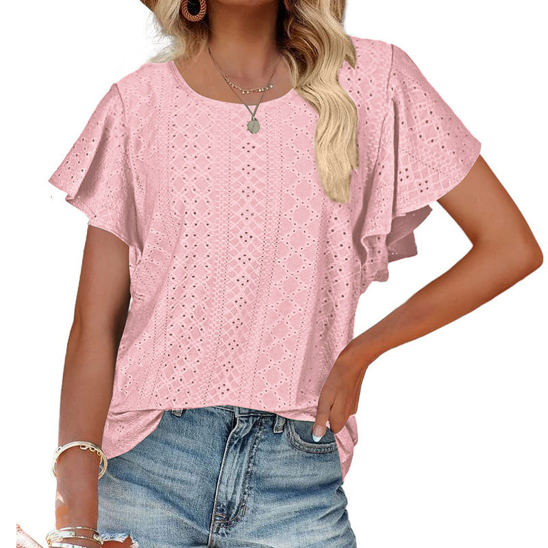 summer new arrival: cross-border european & american women's apparel -  style ladies' top - cutout waist, ruffle sleeve, casual t-shirt
