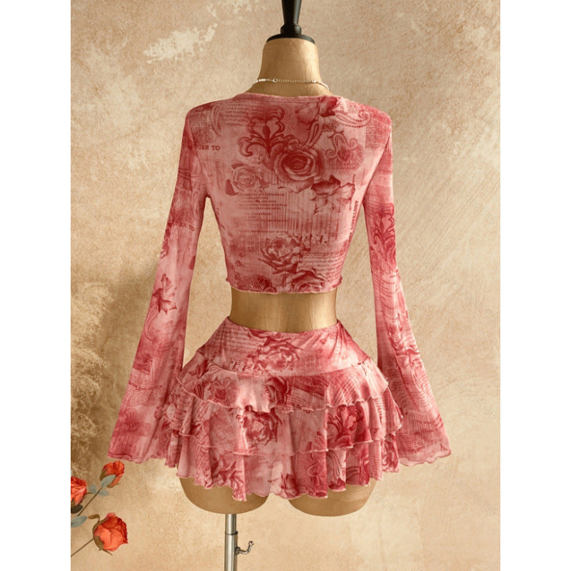 Women's summer new retro floral print tie-waist long sleeve top and midi skirt two-piece set (accessories not included)