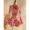 Women's summer new retro floral print tie-waist long sleeve top and midi skirt two-piece set (accessories not included)