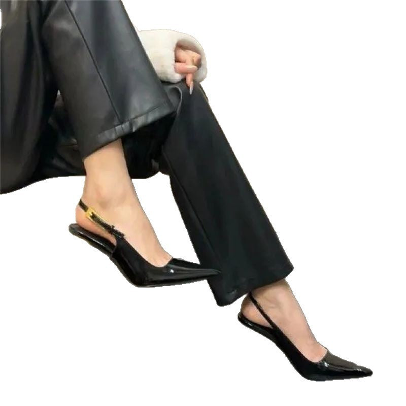 Back strap high heels for women 2024 metal stiletto small square toe one-word buckle sexy black patent leather toe sandals
