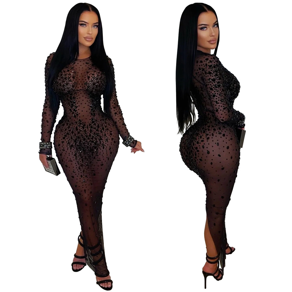 C7596 cross-border   fashion women's sexy see-through mesh rhinestone bodycon dress