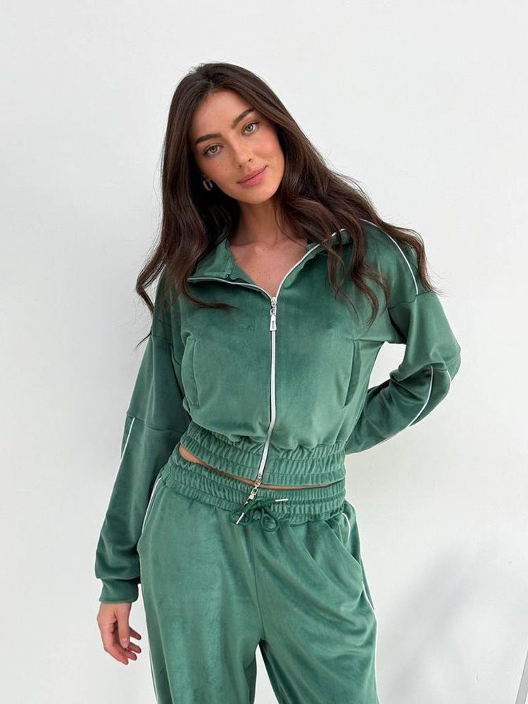 Europe and the United States new women's clothing solid color line long-sleeved lapel sports cardigan trousers suit fashion casual women