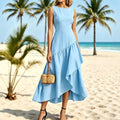 fashion summer vacation style women's new silk mesh patchwork sleeveless straight neck waist longdress