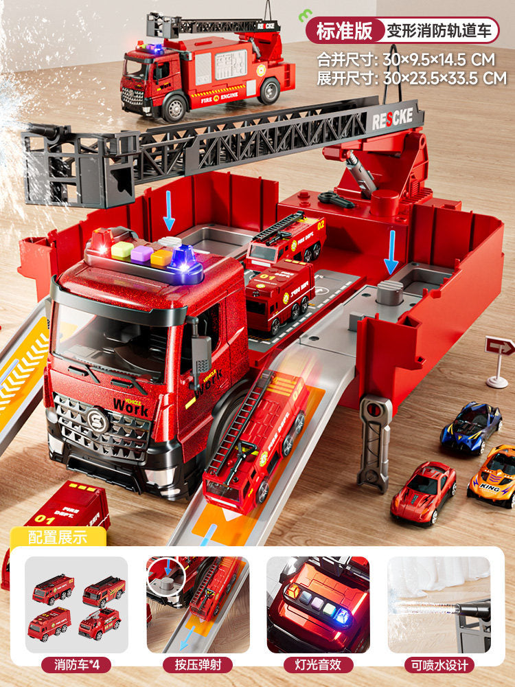 Sam's club style rescue fire truck - multifunctional parking garage with storable water spray, ejection ladder, and police car toy