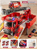 Sam's club style rescue fire truck - multifunctional parking garage with storable water spray, ejection ladder, and police car toy