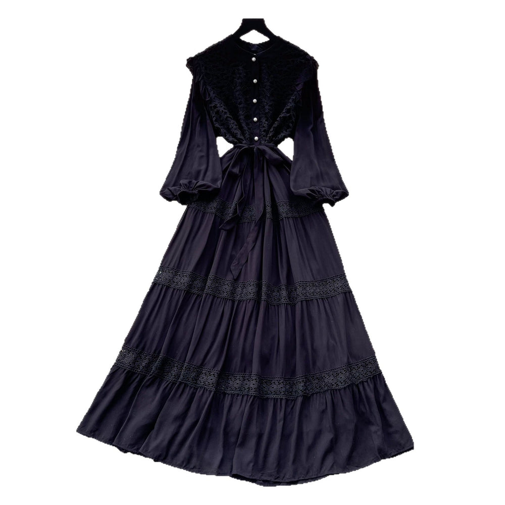 French retro court style lace hollow-out maxi dress - stand collar, summer korean style, long sleeve, cinched waist a-line dress for women